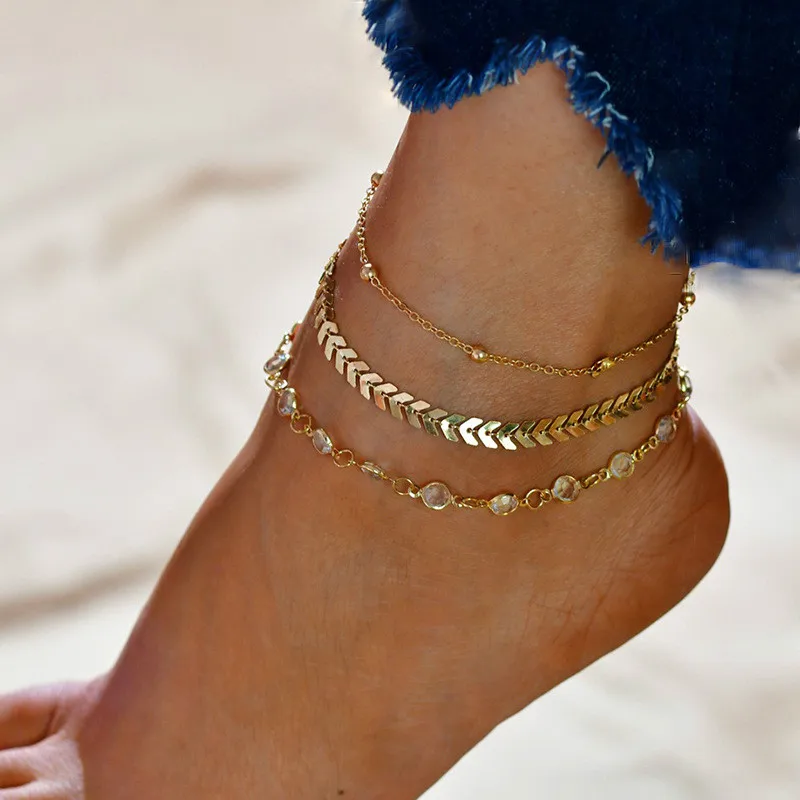 

Fashion Crystal Anklet Set Vintage Handmade Ankle Bracelet for Women Party Summer Beach Accessories 3Pcs/Set