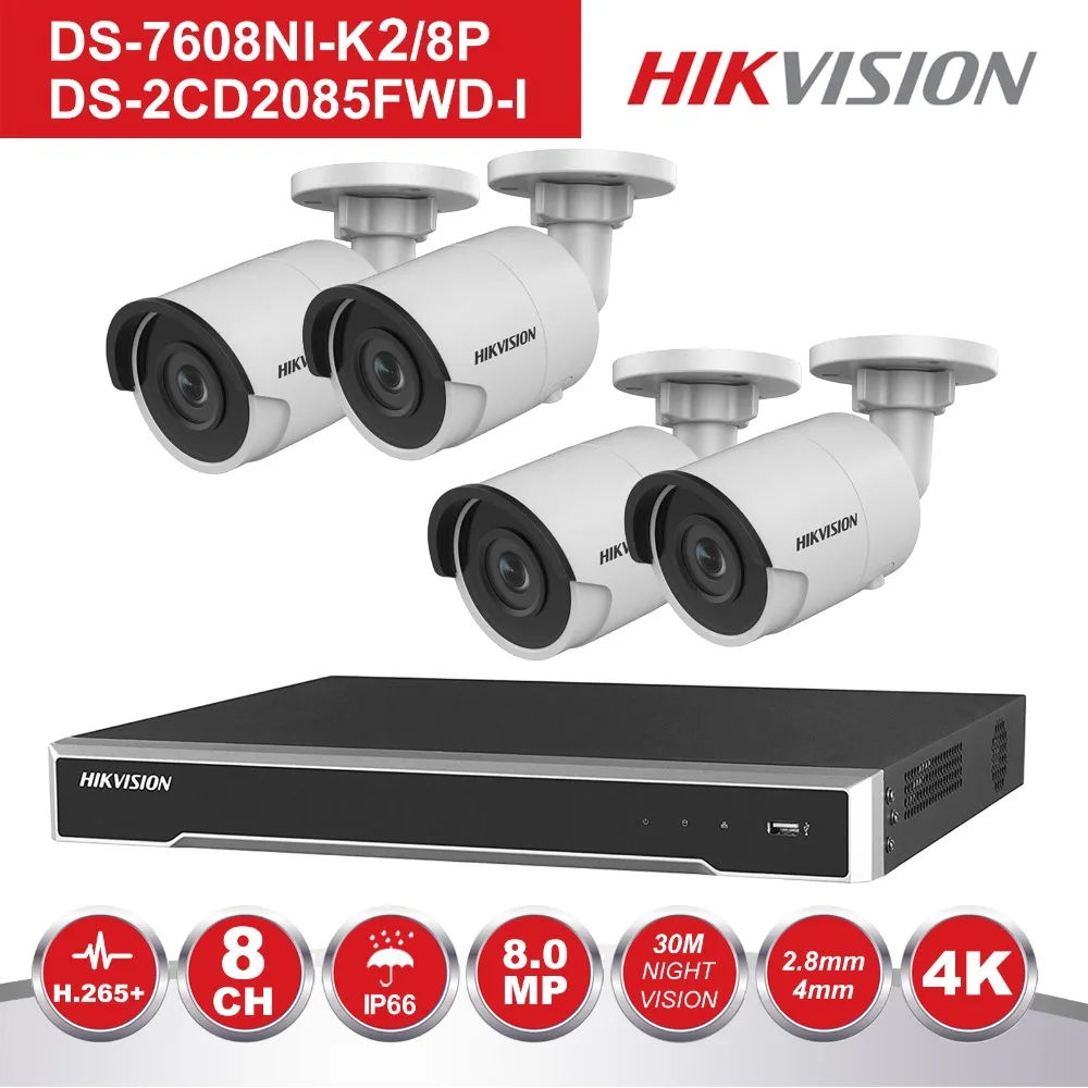 

Hikvision 4 channel CCT IP System NVR KIT 8 Channel PoE Recorder DS-7608NI-K2/8P & 4 pieces 8MP Bullet IP Camera DS-2CD2085FWD-I