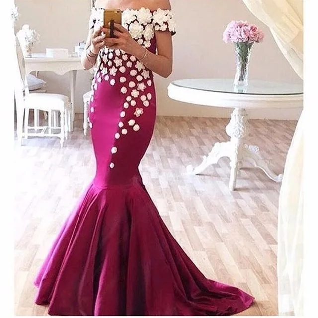 

2019 Off Shoulder Women Mermaid Long Chiffon Prom Evening Dresses Short Sleeve Appliques Vestidos De Festa Pageant Gown