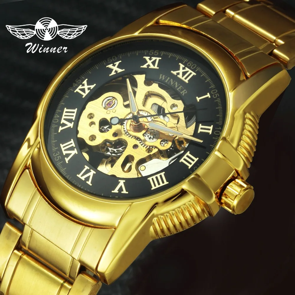 

WINNER Automatic Watch Mechanical Men Fashion Watches Skeleton Stainless Steel Strap Roman Number Brand Luxury Wristwatch Mens
