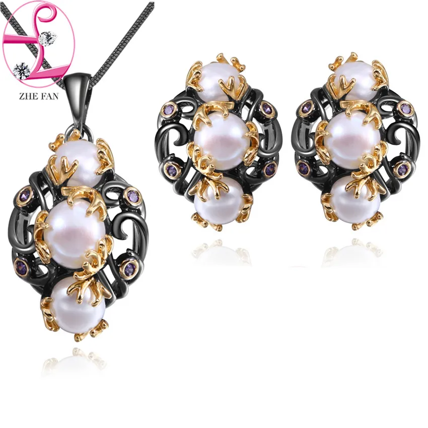 

ZHE FAN Elegant Simulated Pearl Jewelry Sets For Women Black Gold Color 2 Tone Plating Vintage Pendant Necklace Earrings Sets