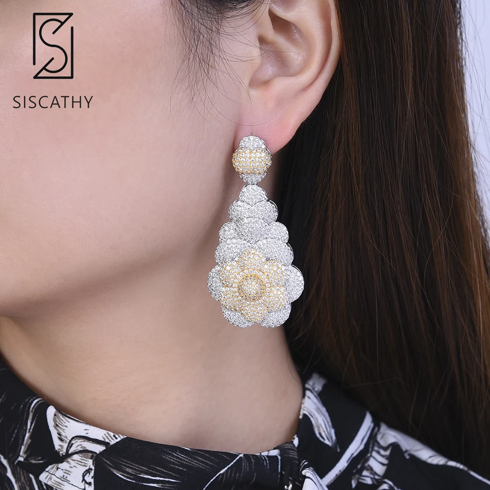 

SISCATHY Trendy Big Women Earrings Cubic Zirconia Flower Drop Dangle Earrings Nigerian African Women Bridal Engagement Jewelry