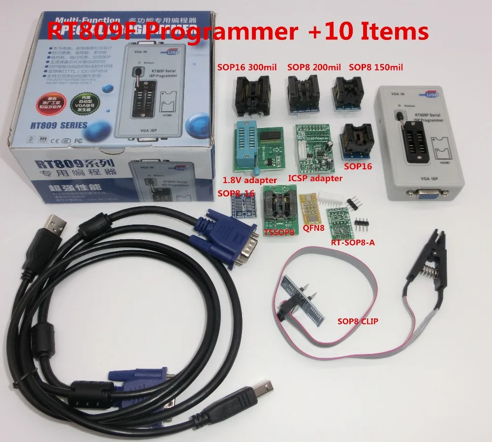 

RT809F LCD ISP programmer with 8 adapters +sop8 test clip + ICSP board /ISP cable+1.8V adapter
