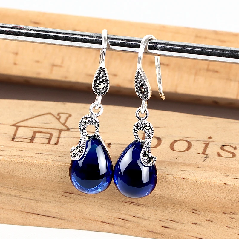 JIASHUNTAI Retro 100% 925 Sterling Silver Drop Earrings For Women Natural Precious Stones Vintage Thai Silver Earring Jewelry