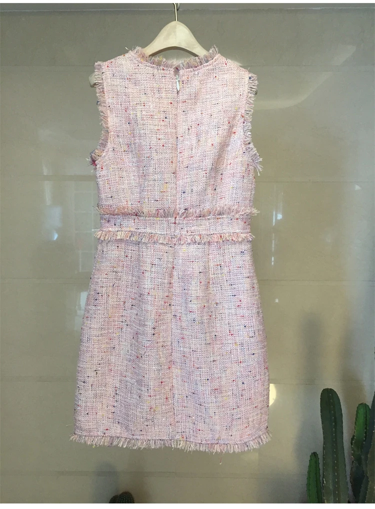 Брендовое дизайнерское милое розовое твидовое платье Новое поступление зимнее дамское мини-платье без рукавов с кисточками и алмазным бантом Vestido