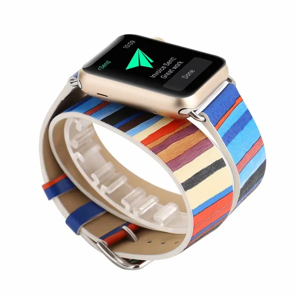 

Double Circle strap for Apple watch band 4 44/40mm Genuine Leather Colorful Stripe Bracelet band for iWatch series 3/2/1 42/38mm