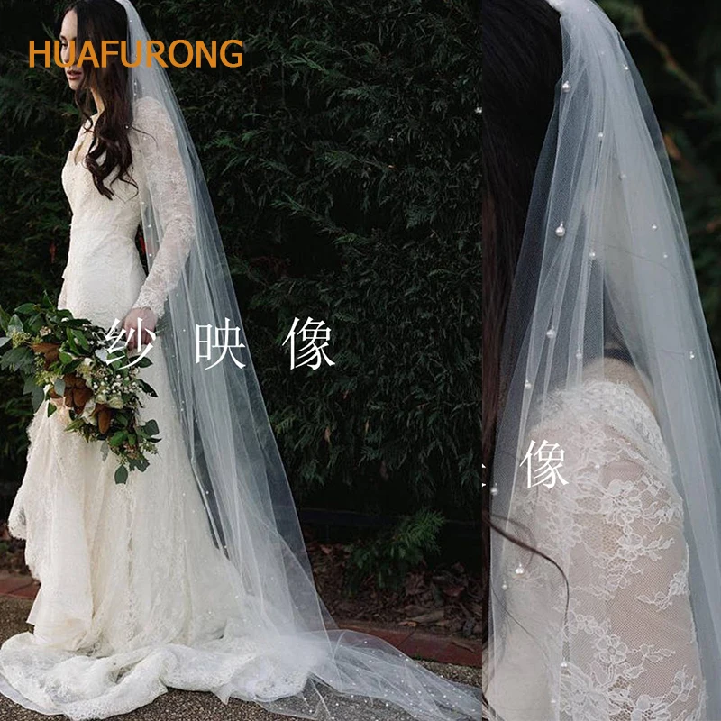 Изготовленный на заказ белый свадебный вуаль с жемчугом 3 метра ручной работы жемчужина Bling свадебная фата невесты реальные фотографии