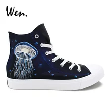 Вэнь обувь на заказ Jellyfish ручная роспись карнавальные ботинки для мальчиков и девочек черные высокие кроссовки с перекрестными ремешками плимсоллы на низком каблуке на плоской подошве