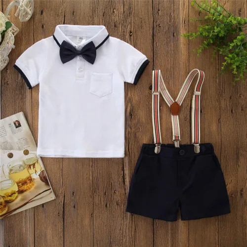 Новинка; одежда для маленьких джентльменов; Праздничная рубашка с бантом+ комбинезон; комплект с шортами