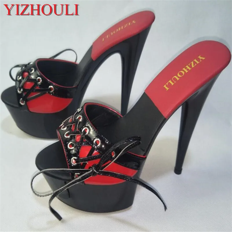 New For Women 6 Inch High Heel Heels Fashion Strappy Platform Slipper Black Women's Slippers Sexy 15cm