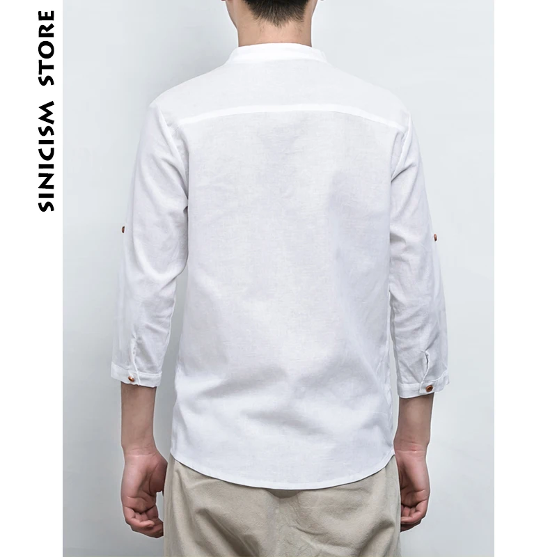 Sinicism Store мужская хлопковая льняная рубашка мужская с рукавом три четверти однотонная Китайская одежда мужская рубашка с v-образным вырезом большой размер Новинка