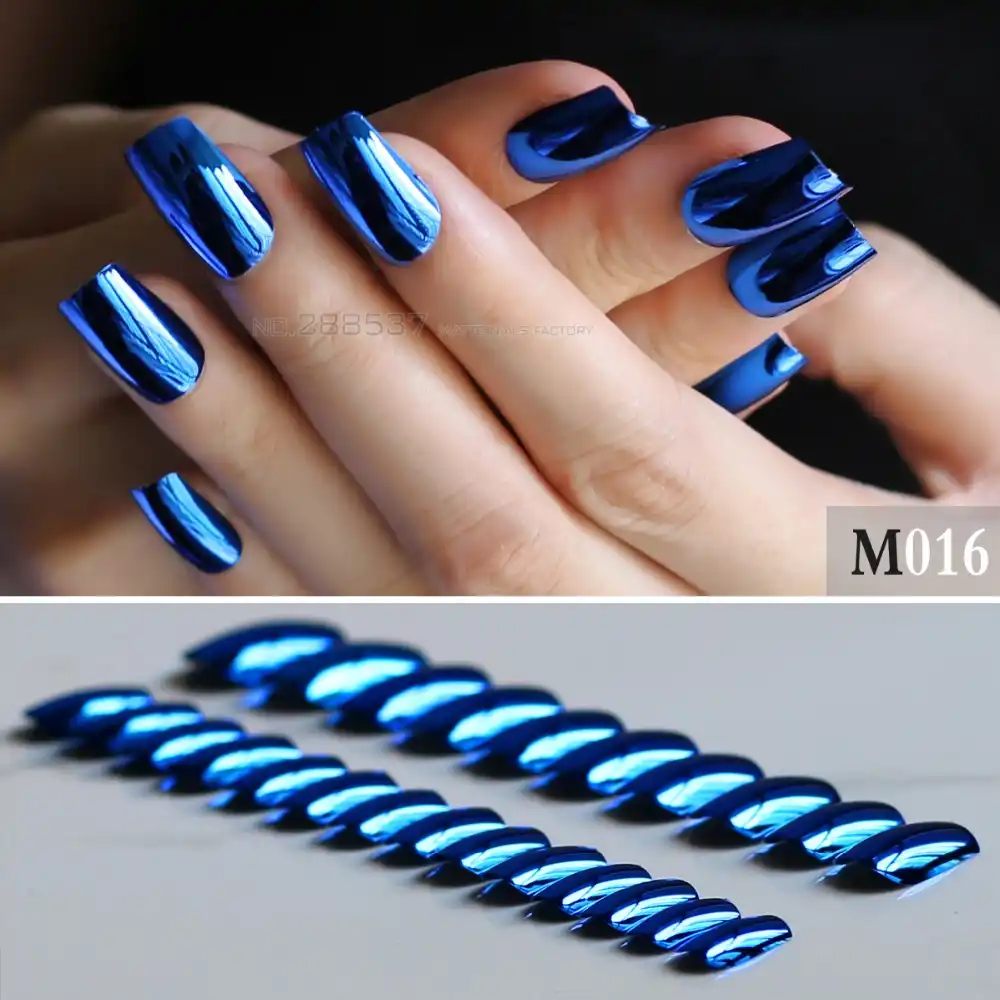 24pcs Full Sets Navy Blue Color Fake Nails Metal Texture Mirror Sky Blue False Nails Square Long Diy Cool Personality False Nails Aliexpress