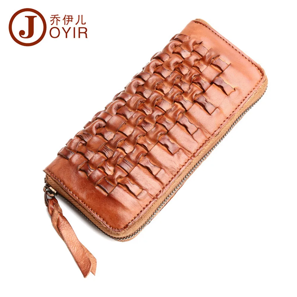 

JOYIR 2017 Vegetable Tanned Leather Men Wallet Knitted Zipper Fashion Coin Purse Casual Long Purse for male Man Bags 2006