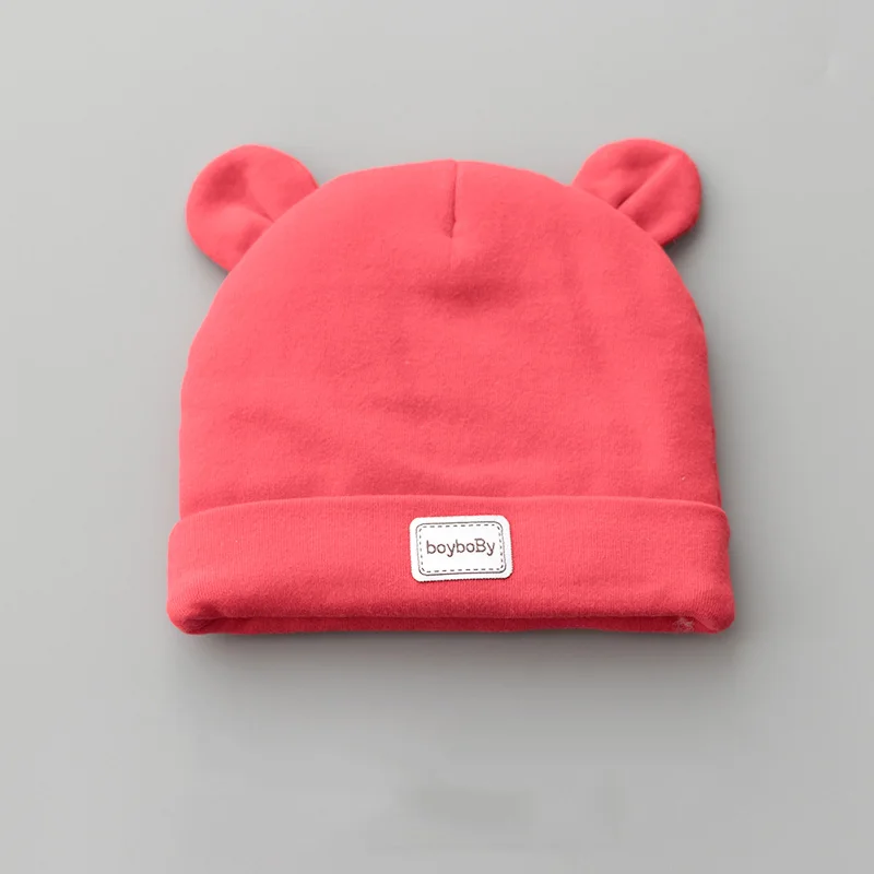 Хлопковая шапочка для младенца, шапочки, зимние шапки для новорожденных мальчиков и девочек, плотная шапка с ушками - Цвет: Красный