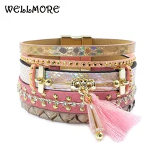 Bijuteria braceletes de couro com borla, cristal, pulseiras boêmias femininas