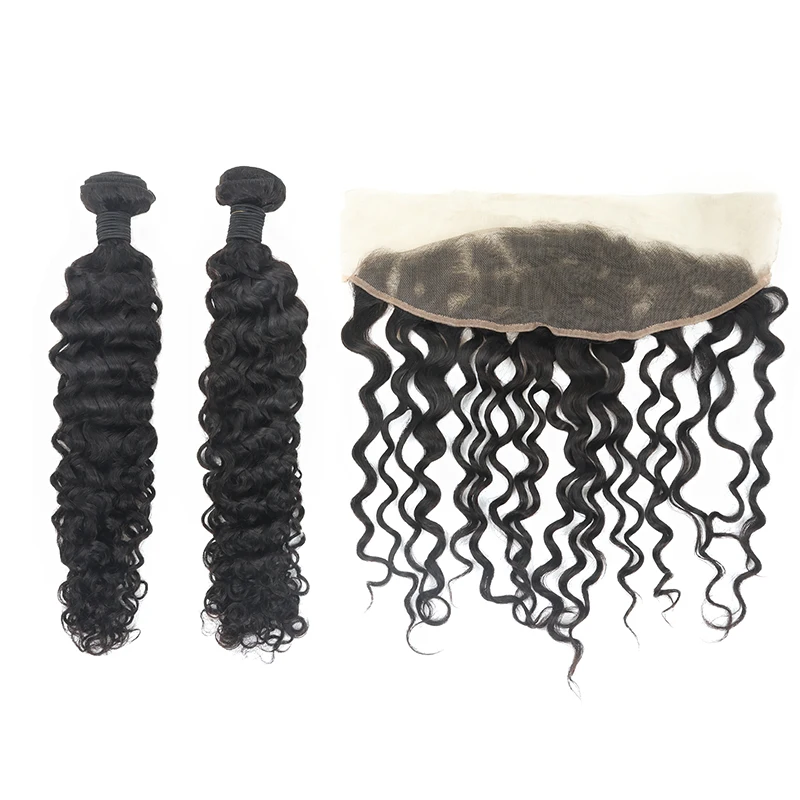 

2pcs Water Wave Peruvian Remy Human Hair Bundles with 13x4 frontal lace closure in Natural Black color TD HAIR Free shipping
