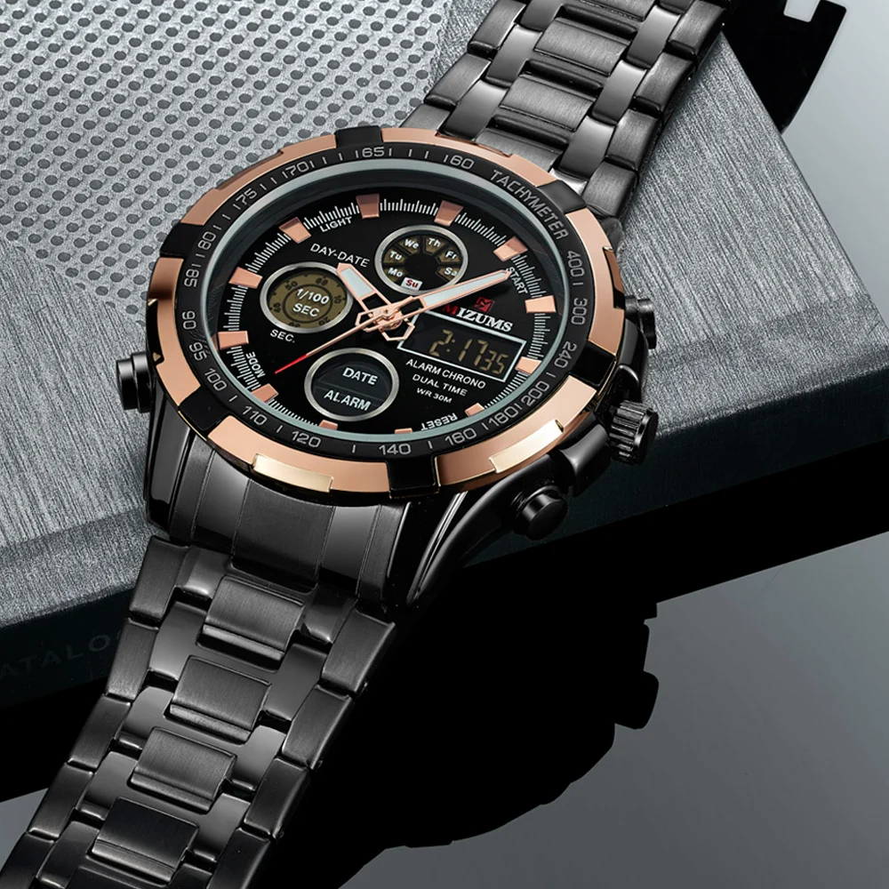 Fashion Brand Men Sports Watches with gold stainless steel band Digital Analog Watch Army Military Waterproof Male LED Clock Relogio Masculino mizums (28)