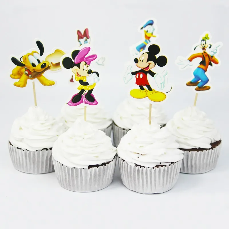 

NEW! 24pcs Cartoon Dog Mickey Mouse Minnie Cupcake Toppers pick Party Supplies Kids Birthday Party wedding cake flag Decorations