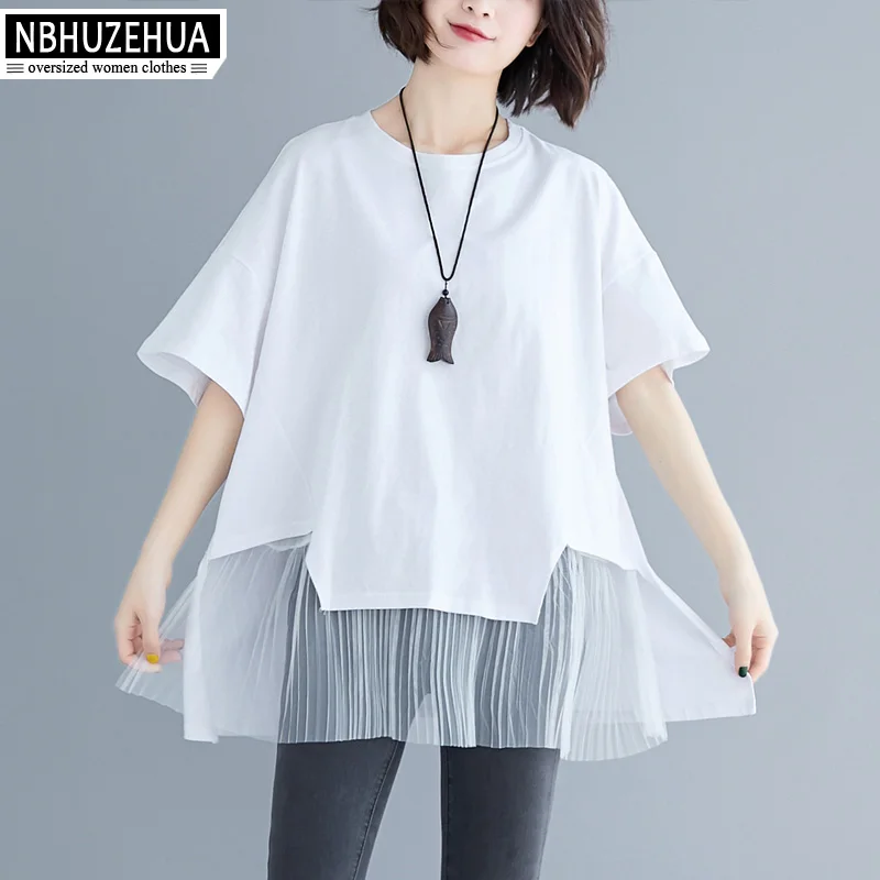 

NBHUZEHUA Tshirt Women White Black Lace Splice Plus Size T Shirt 5XL 6XL Summer 2019 Casual Harajuku Cotton Tops 19-D369