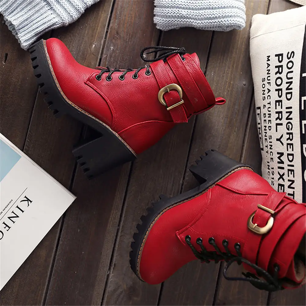 BONJOMARISA/ г.; модные однотонные черные мотоциклетные ботинки на платформе; женские зимние ботинки на высоком каблуке со шнуровкой и пряжкой на ремешке; женская обувь; Размеры 33-43