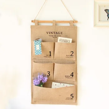 

Vintage Jute Cotton Linen multilayer Closet Bag suspension Numbers sundry 5Pockets Wall Hanging Desktop Organizer Holder