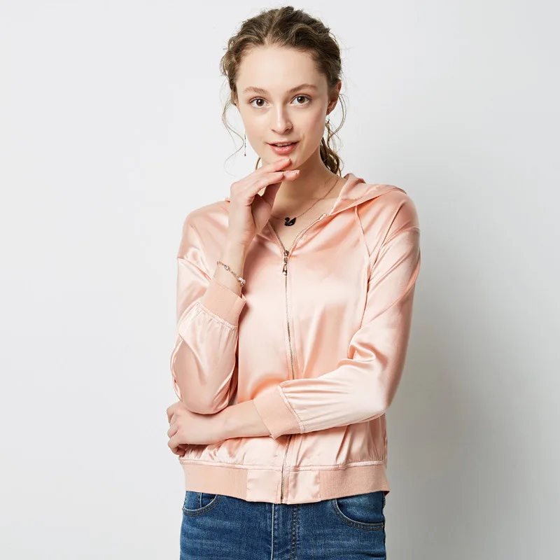 

Hooded Jacket Women 93% Silk Lightweight Fabric Simple Design Long Sleeves 2 Colors Casual Coat Fashion Style New Fashion 2019