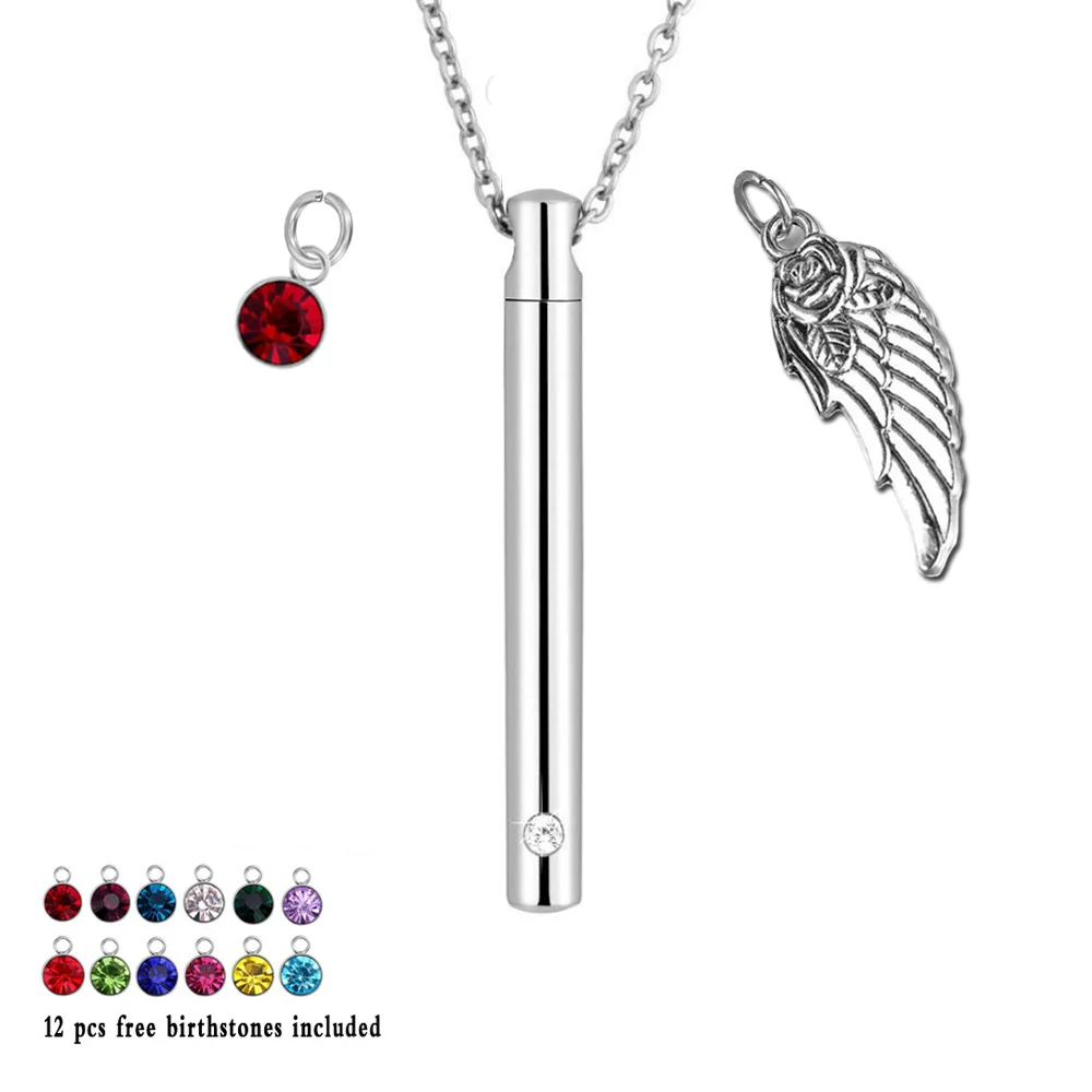 

Angel Wing with 12 Piece Birthstone Pendant Charm bar Cylinder Memorial Urn Necklace Cremation Ashes Jewelry Keepsake
