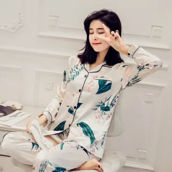 

2018 Spring Women Ladies Sexy Satin Silk Pajamas Sets Long Sleeve Tops+Pants Sleepwear Mujer Nightwear Pyjama Femme
