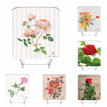 

CustomPurple Red White Rose Fabric Bath Curtain Bathroom Mildewproof Waterproof Polyester Shower Curtain#180417-02-110