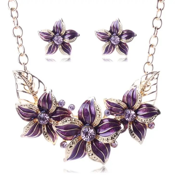 Jewelry Sets Austrian Crystal Enamel Flower Jewelry Sets for Women African Costume Jewelry Maxi Necklace Earring Set XY-N404