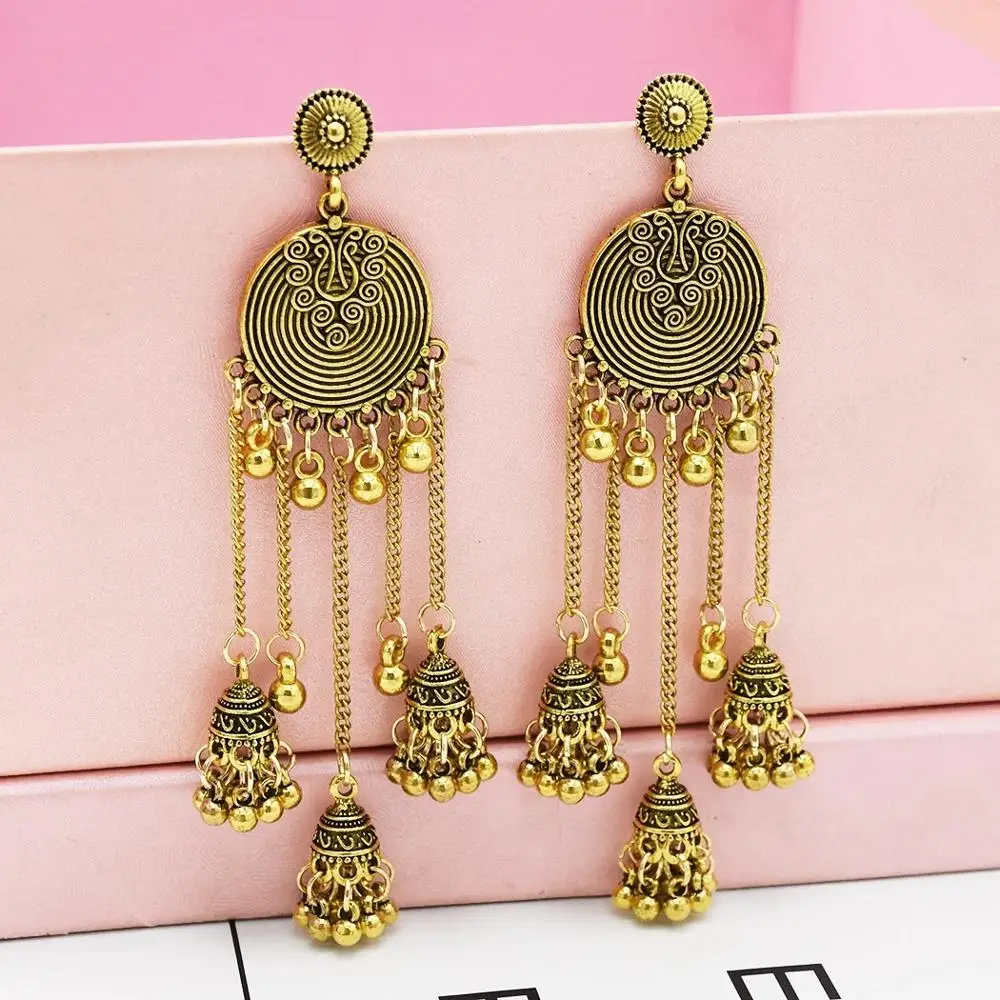 

Indian Gold Silver Earrings for Women Oxidized Jhumka Big Long Tassel Bells Drop Earrings Afghan Egypt Gypsy Turk Ethnic Jewelry