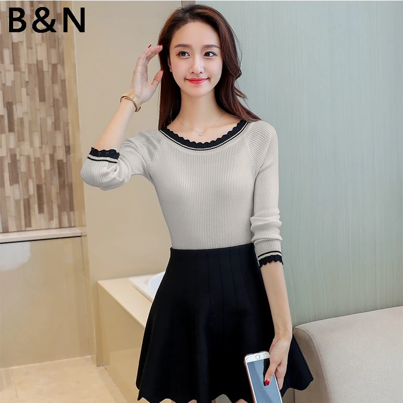 women 2018 autumn Lace long sleeve knitted sweater slim undercoat pullovers baseshirt top | Женская одежда