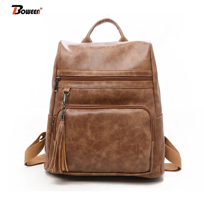 Tassel Vintage backpack female leather shoulder bag Black Solid rucksack women bag High Capacity brown backbag 2019 new Tassel Vintage backpack female leather shoulder bag Black Solid rucksack women bag High Capacity brown backbag 2019 new