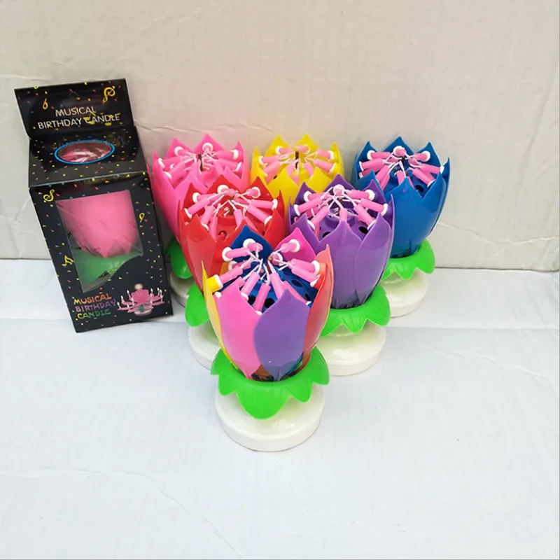

Lotus with double Flower rotating disk Birthdays Cake Decoration Supplies DIY 14 Candles Lamp Brief Musical Cake Accessories