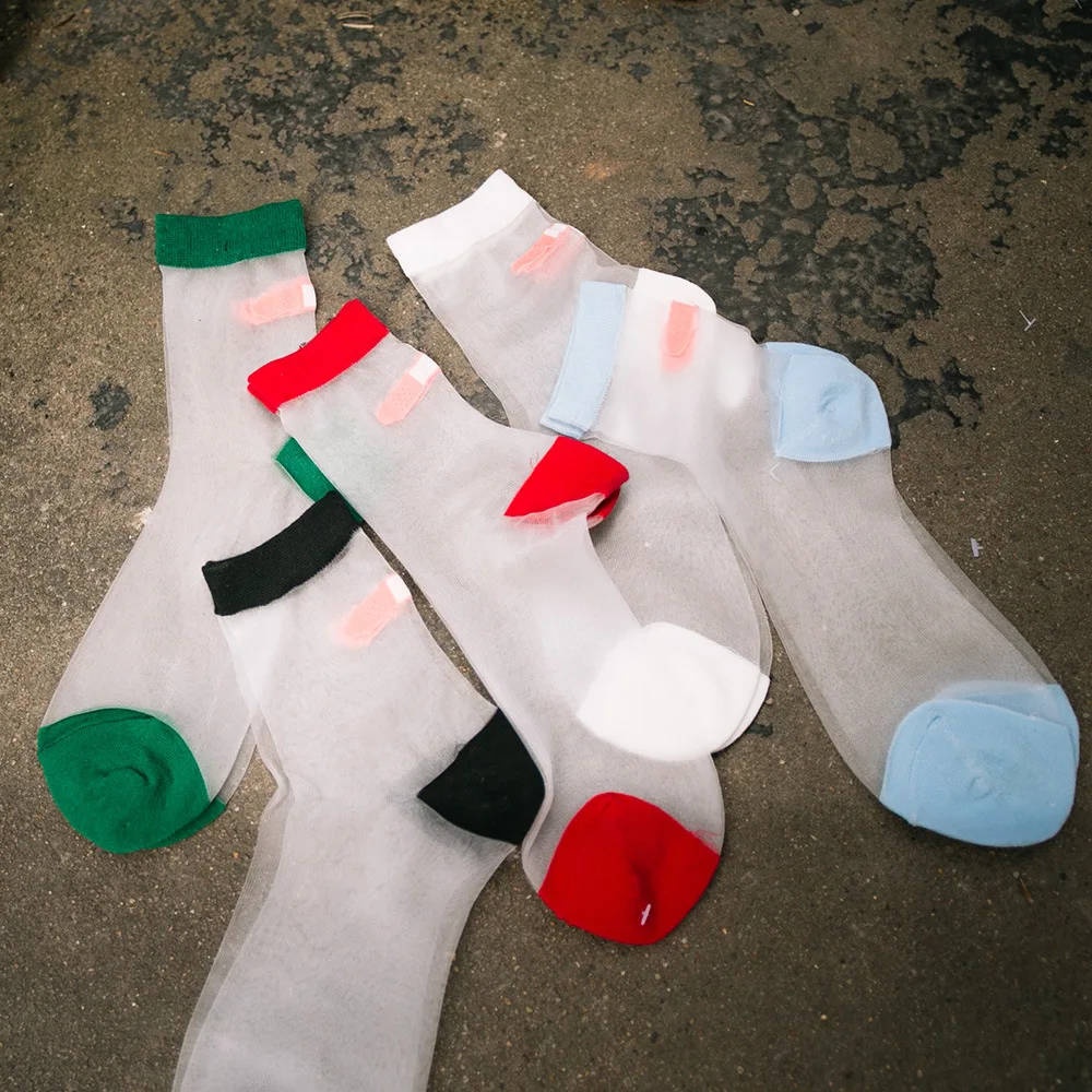 

1pair GIRLS socks thin 5 colors Transparent band-aid sock Silk Stretch Band Aid Transparent Crystal Socks Women Silk Socks