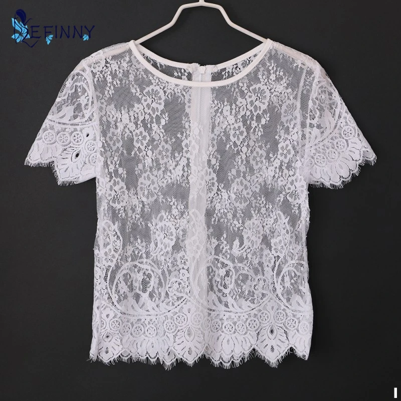 

EFINNY Summer Sexy Vintage Sleeve Crop Short Black V Neck Clubwear Lace Out Blusas Blouse Hollow Women Femininas Sexy