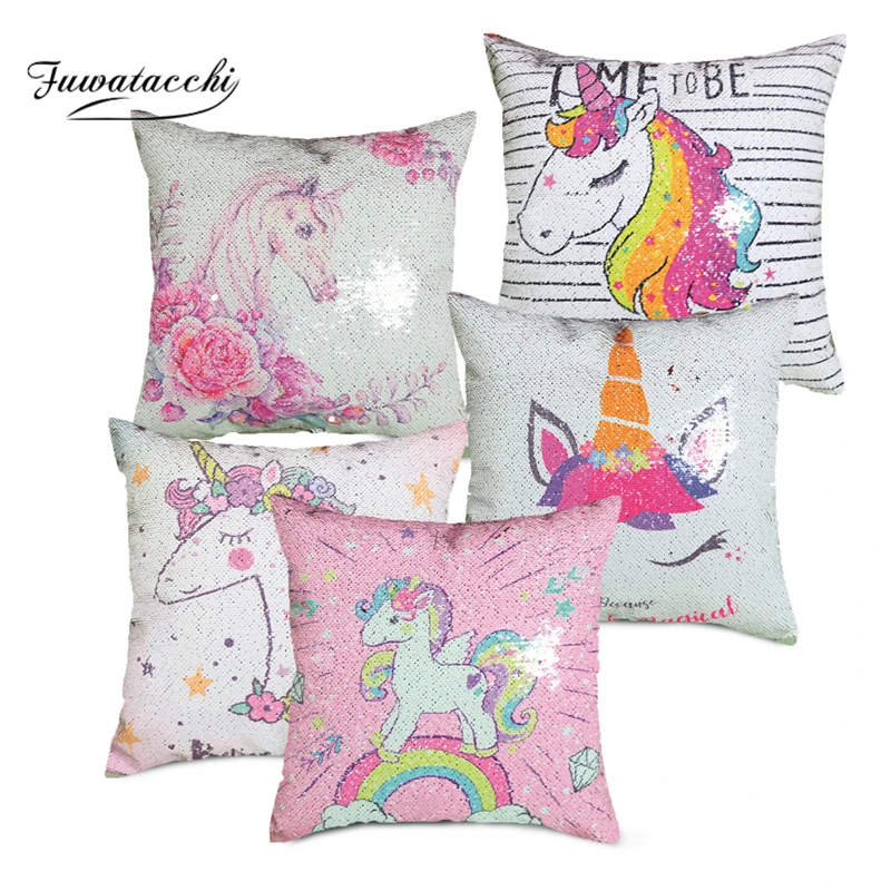 

Fuwatacchi Unicorn Mermaid Sequins Cushion Cover Reversible Color Changing Decorative Pillows For Sofa Chair Pillowcases 40*40cm