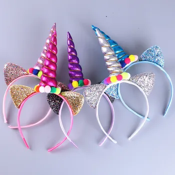 

10pcs Boutique Cute Glitter Cat Ears Hairbands Glossy PU Leather Unicorn Pom Pom Hair Sticks Fashion Headwear Hair Accessories