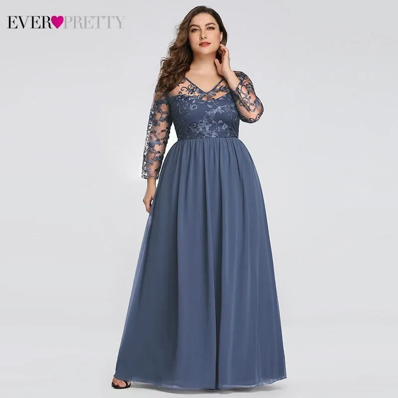 Plus Size Evening Dresses Long Ever Pretty New Dusty Blue Sleeveless V-neck Cheap Summer Formal Gowns Robe Soiree Dubai - Цвет: EZ07633DN