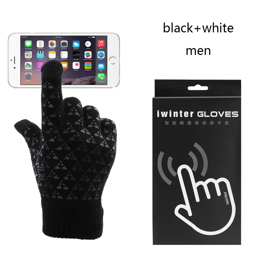 men black white Новая мода, 1 пара, вязаные перчатки, мужские, зимние, теплые, с флисовой подкладкой, теплые, вязаные перчатки, для улицы, WarmerAccessories - Цвет: men black white