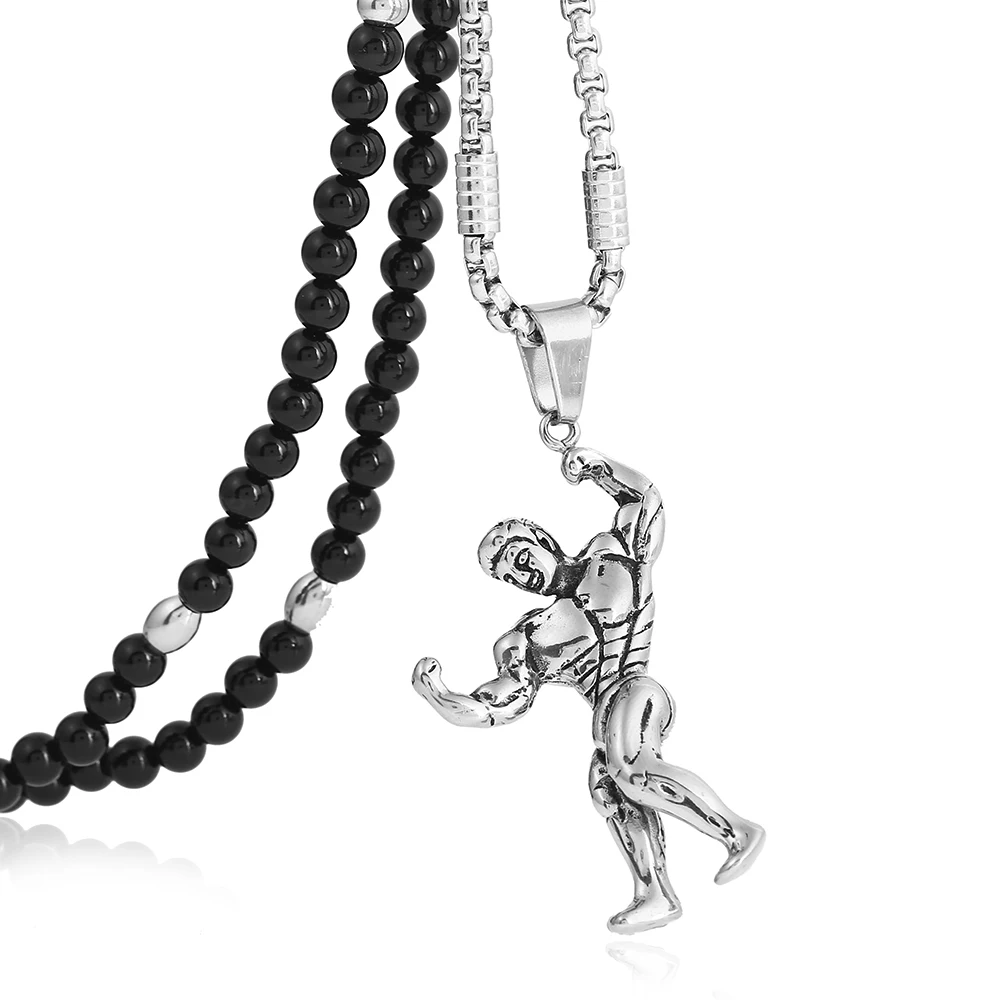 

316L Stainless Steel Muscle Men Bodybuilding Workout Pendant Necklace with Black Natural Stone Chain 26" for Men Jewelry