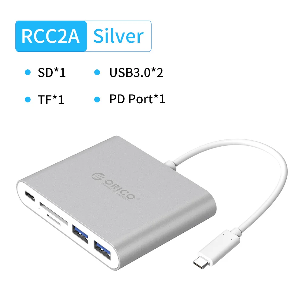 ORICO Type-C HUB USB C to Multi USB3.0 HDMI/VGA/RJ45/SD TF Card Reader Splitter PD Charger Adapter Docking For Laptop Macbook - Цвет: RCC2A Silver