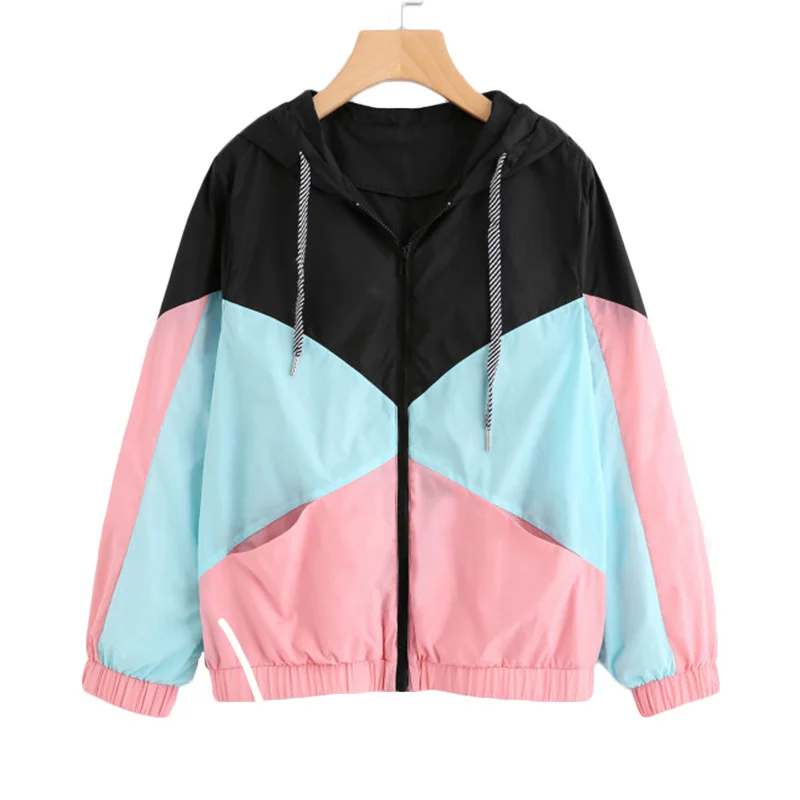 

Women Long Sleeve Zipper Pockets Casual Sport Coat multi Color cut and sew windbreaker with hood Color block Coats