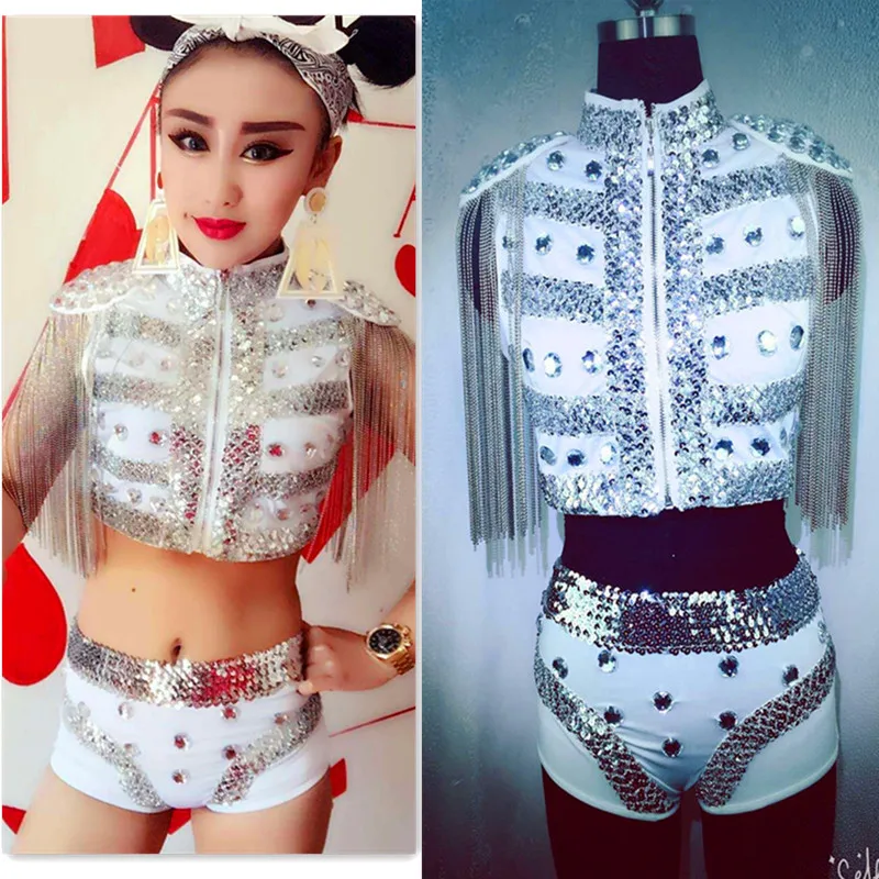 

Ds Costume Dj Female Singer Twirled Clothing Tassel Set Dance Costume Beyonce Roupa Feminina Rhinestone Dress Nightclub Outfits
