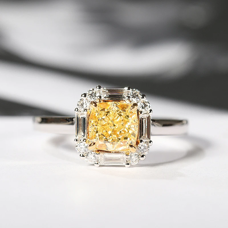 Solid 18K White Gold Yellow Moissanite Centre 2ct Cushion Ice Cut Side Baguette Wedding Ring Jewelry For Women | Украшения и