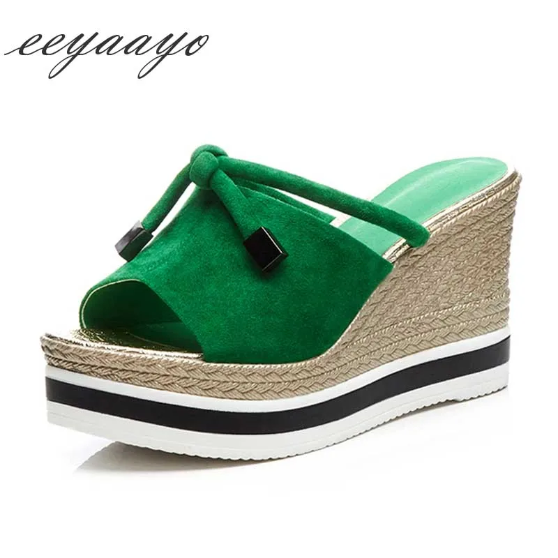 

2019 New Genuine Leather Summer Women Slippers High Wedge Heel Casual Women Platform Shoes Green Outside Mules Female Slides
