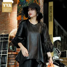 Готический Женский пуловер из натуральной овчины с пышными рукавами, свободный крой, хип-хоп стиль, Женский несимметричный Топ, куртка, уличная одежда, Короткие топы