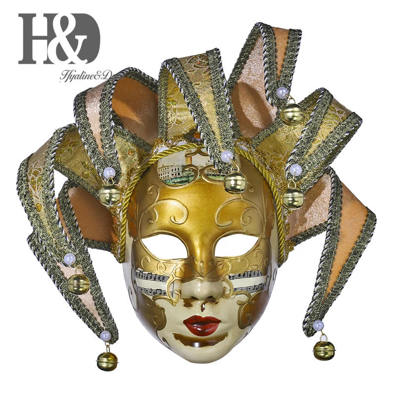 H& D Gold Volto Смола Музыка Венецианский Шут маска полное лицо Маскарад колокольчик Джокер настенное художественное украшение коллекция