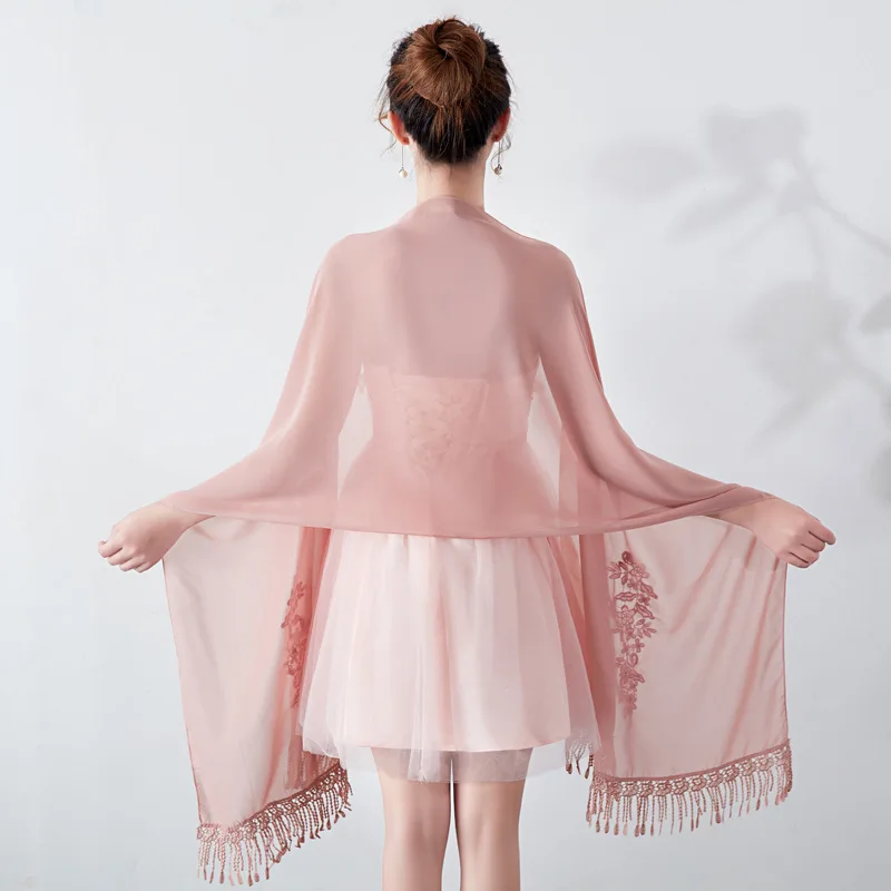 Long Chiffon Bolero Stole Lace Appliques Beaded Evening Dresses Wedding Shawls Wraps With Tassel Bridal Capes Party Ladies Scarf