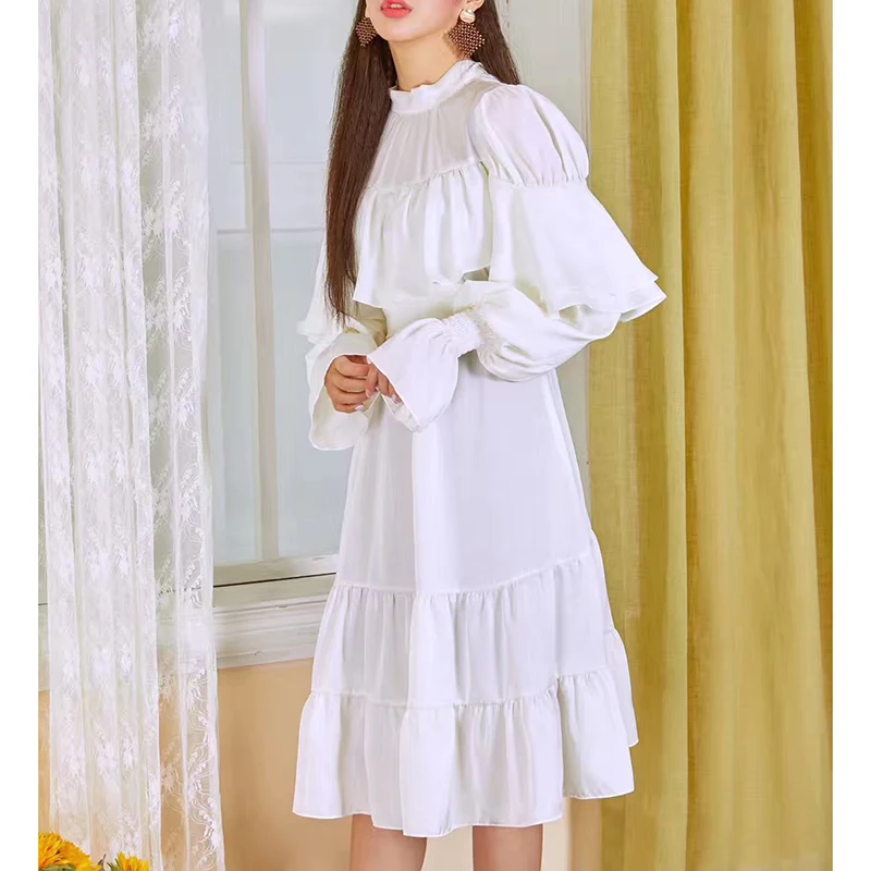 

Korean 2019 Spring and Summer Vintage Dress Long Sleeve Dress Cotton High Street A-Line Ruffles Elegant Dress